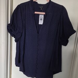 Torrid NWT Navy Textured Button-Front Puff Sleeve Blouse